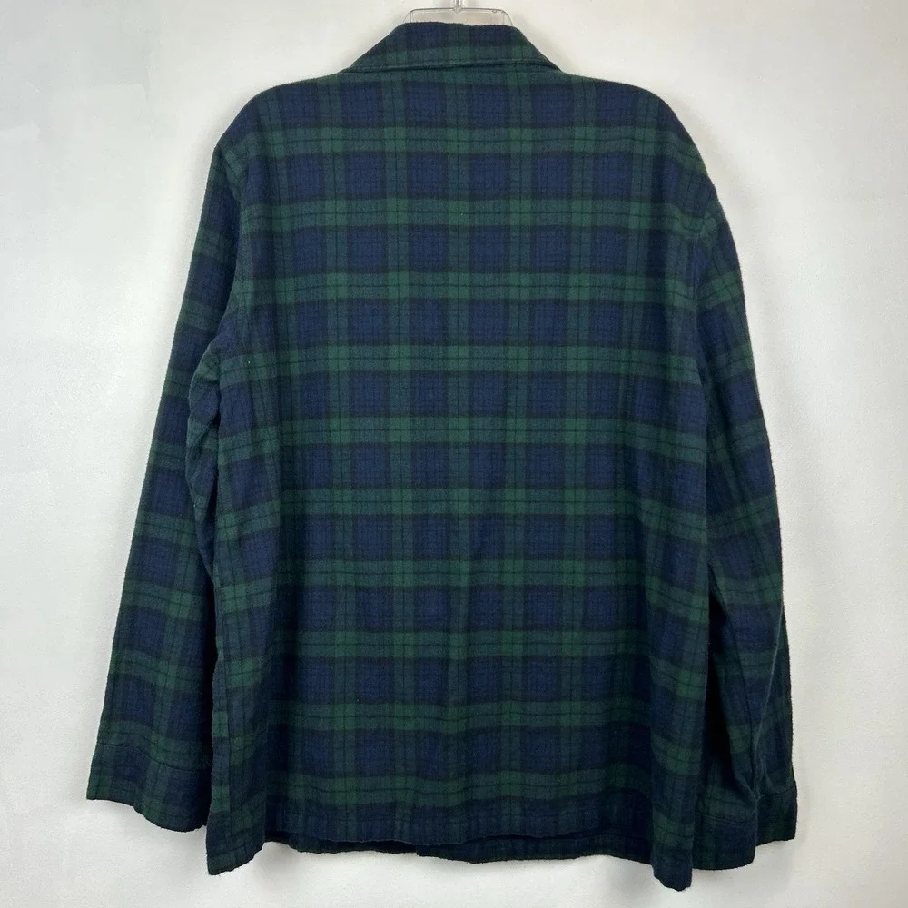 LL Bean Pajama Top Mens Large Green Scotch Plaid Flannel Button Cozy Lounge
